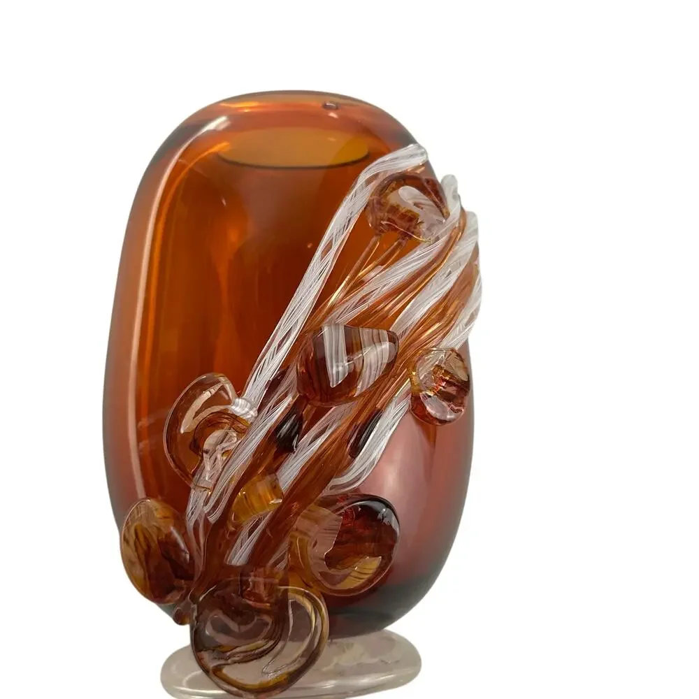 Studio Art Glass Vase Amber Swirl Applied Ribbon Abstract Signed vAB Modern 2018